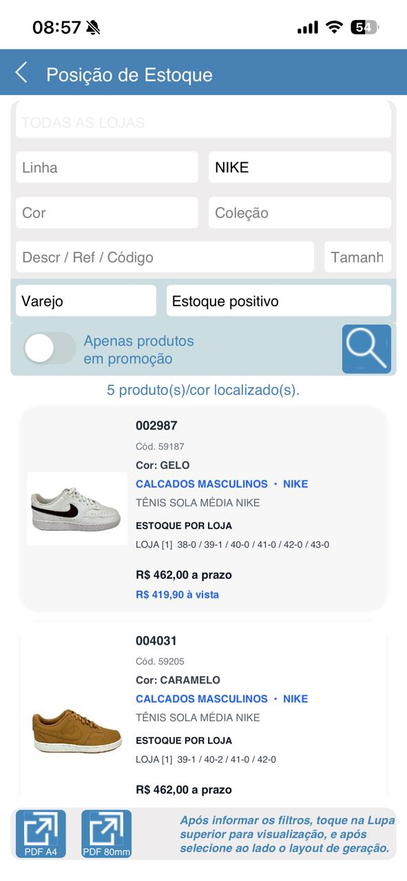 Tela do AzulClient com posição de estoque