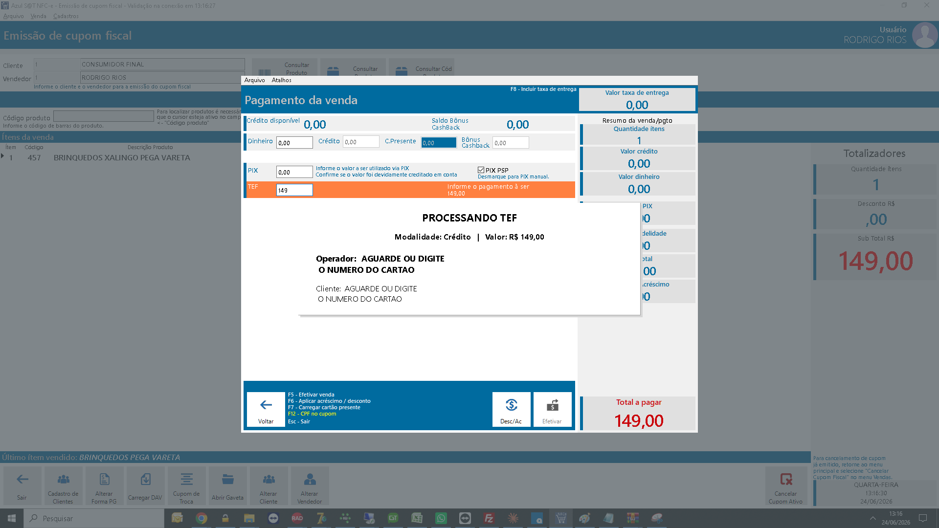 Tela do AzulNFCe com pagamento da venda e processamento TEF